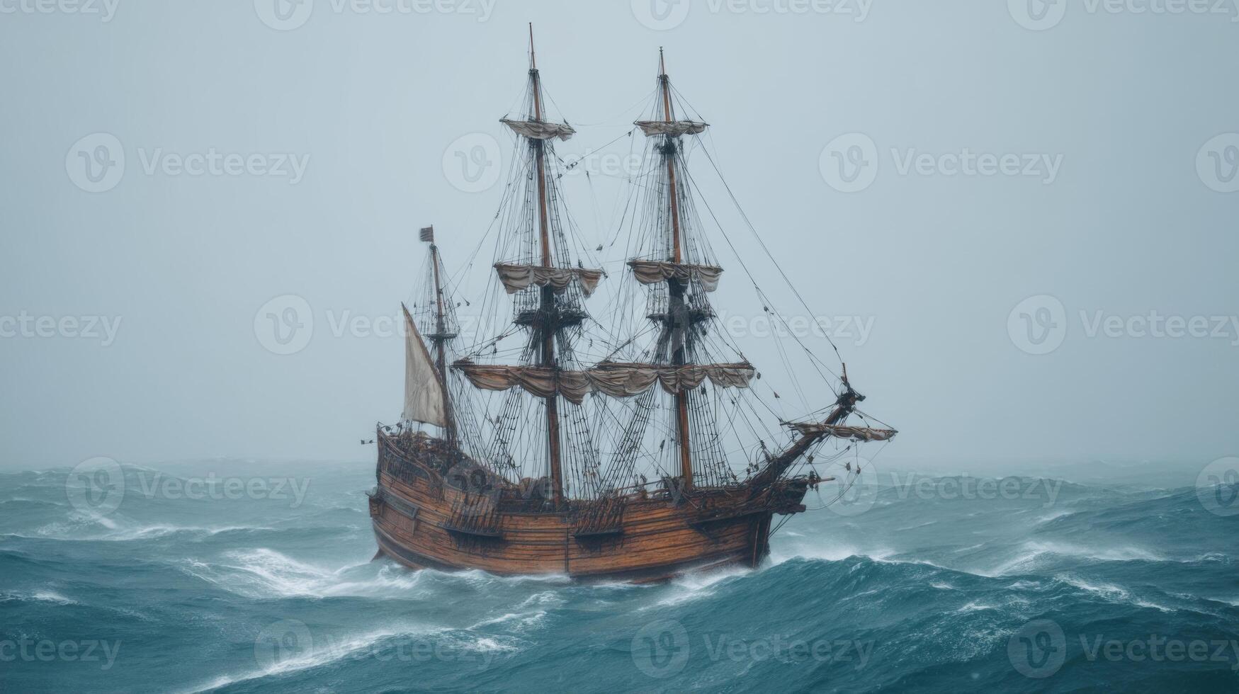 Majestic sailing ship navigating through stormy ocean waves under overcast sky, evoking adventure and intrigue on the high seas photo