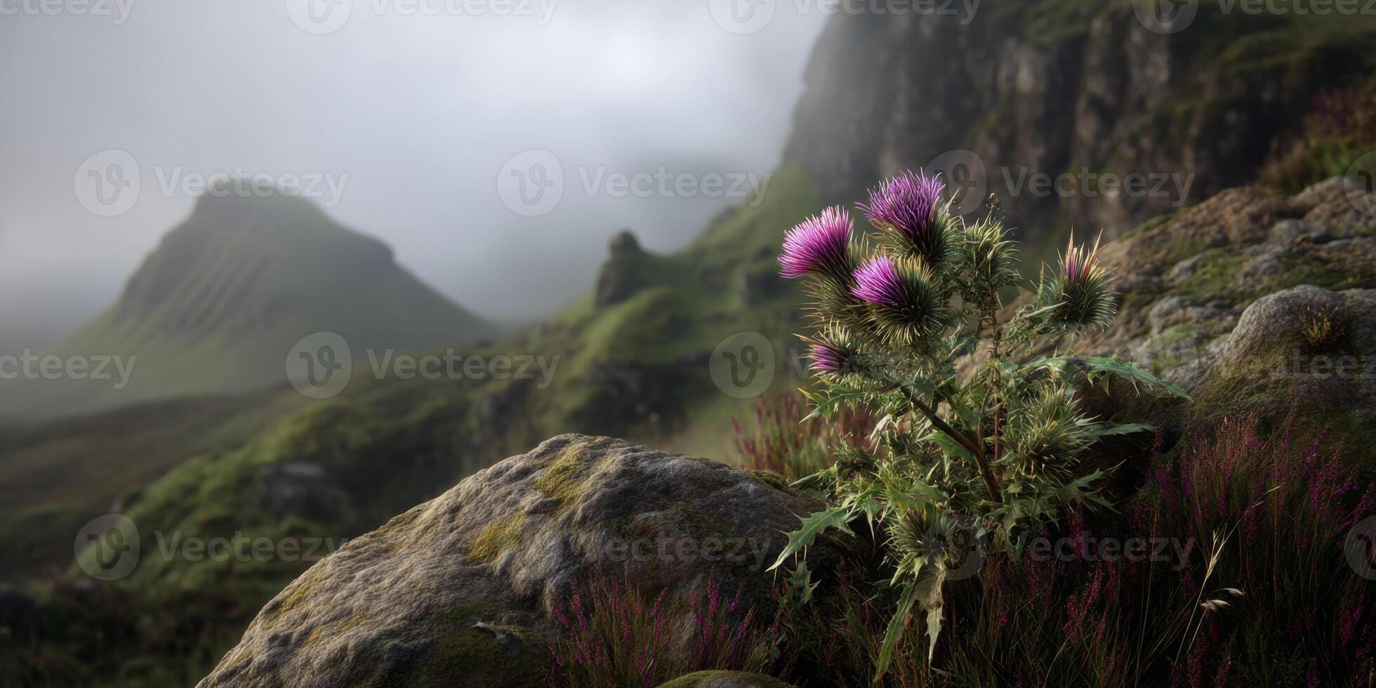 Beautiful Thistle Blooming on Rocky Landscape Surrounded by Misty Mountains in the Background During Early Morning Light photo