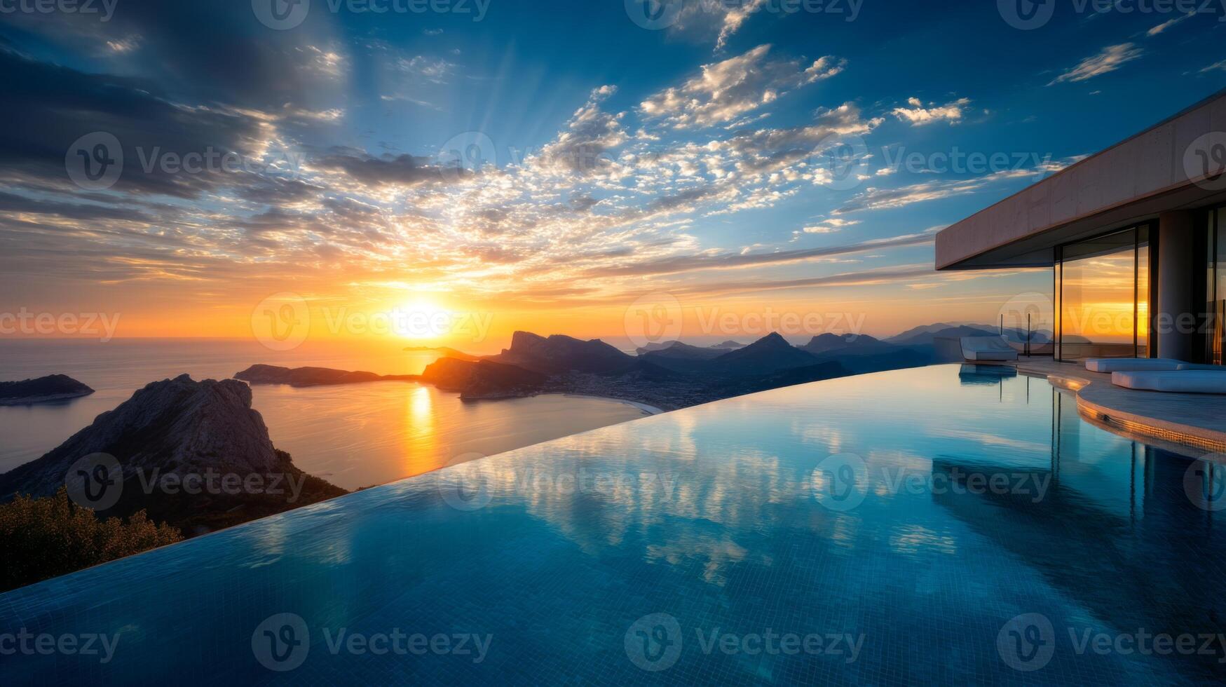 Breathtaking sunset view from an infinity pool overlooking mountains and ocean, capturing the beauty of nature and tranquility photo