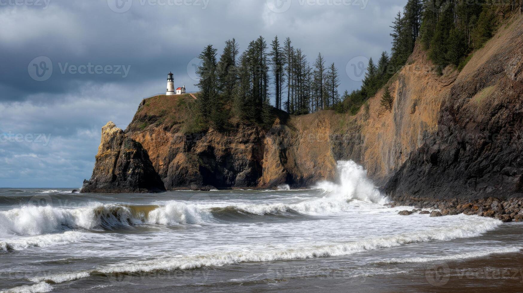 Scenic coastal view with crashing waves near a rugged cliffside lighthouse surrounded by tall evergreen trees and dramatic skies photo