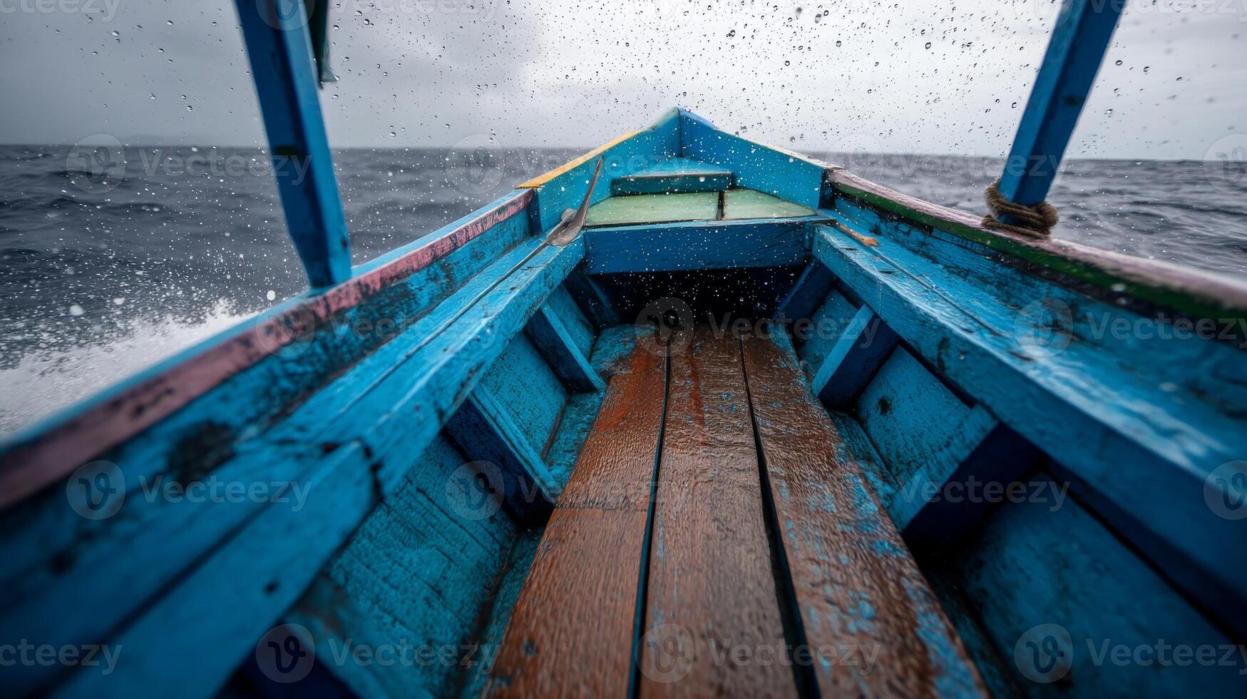 Turquoise Boat Navigating Stormy Waters with Splashing Waves in Dramatic Seascape View from Bow Perspective photo