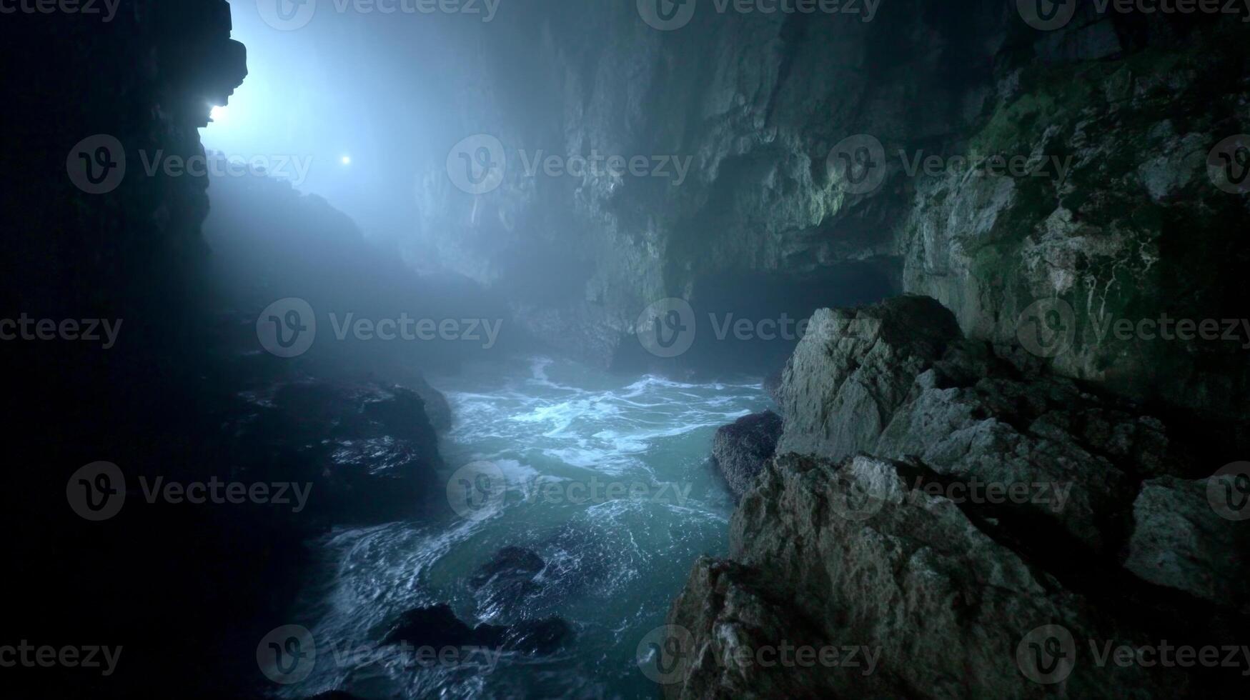 Mysterious Cave Scene with Ethereal Light, Rocky Shores, and Gentle Waves Surrounded by Dark Shadows and Soft Mist photo