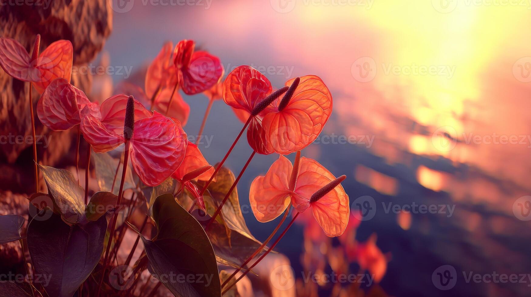 Vibrant Pink Flowers by Water at Sunset with Soft Reflection and Warm Light Creating a Tranquil Natural Scene photo