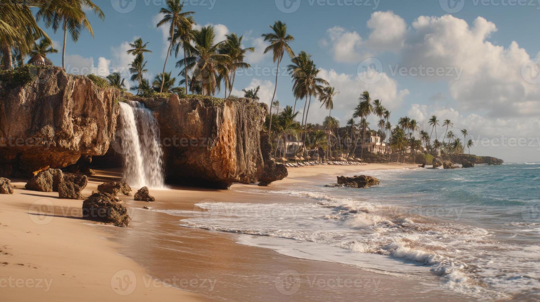 Serene Tropical Beach with Waterfall, Palm Trees, and Gentle Waves under Clear Sky, Perfect for Vacation and Relaxation photo