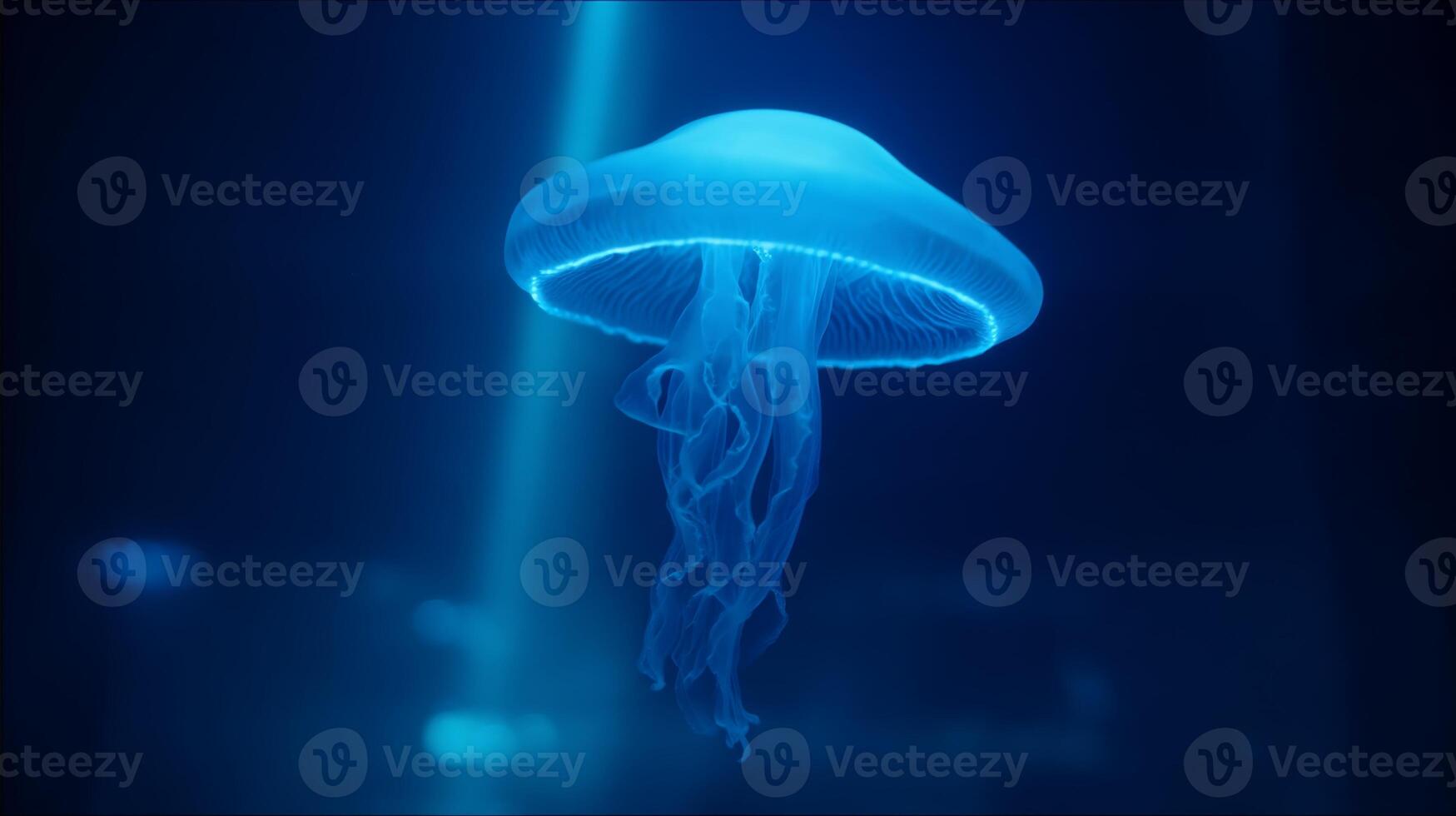 Ethereal Jellyfish Floating Gracefully in a Deep Blue Ocean Environment with Glowing Tentacles and Soft Illumination photo