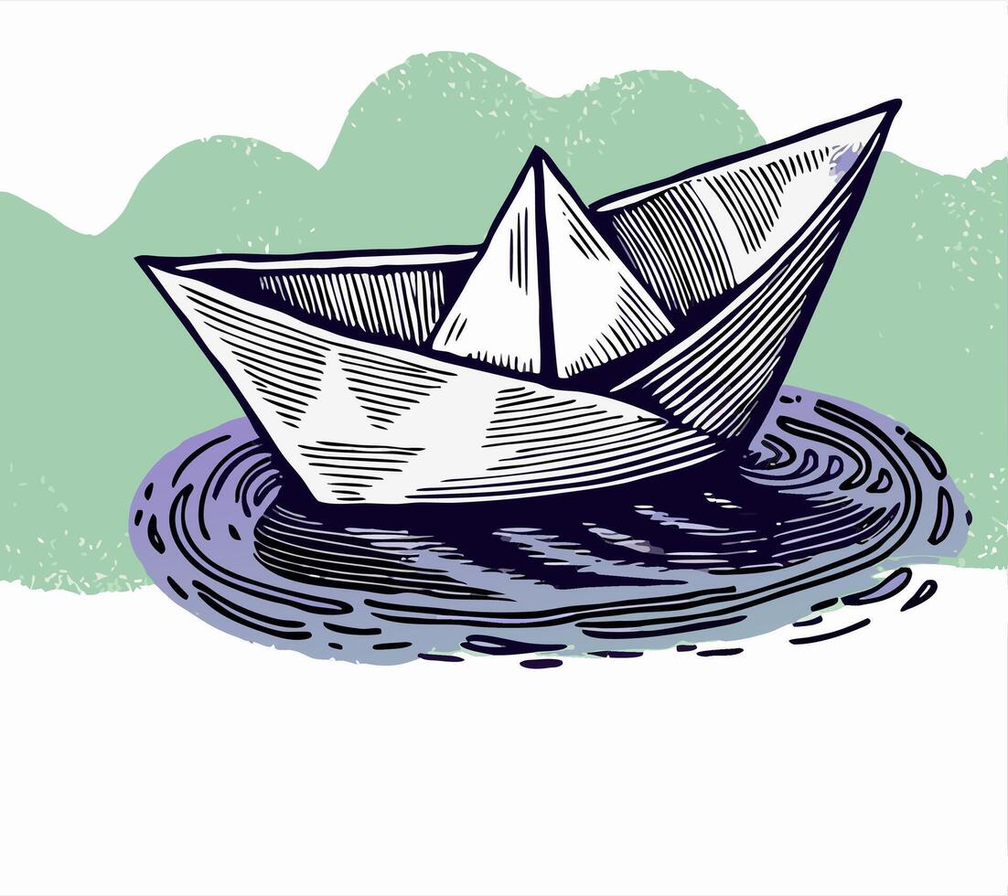 Paper Boat Floating on Water, Hand Drawn Illustration vector