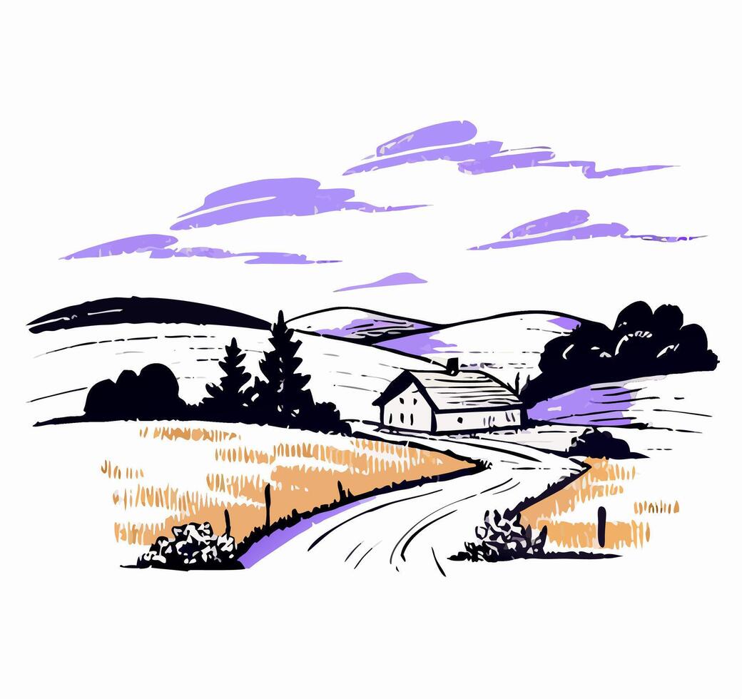 Hand drawn Farmhouse in Rolling Hills Landscape vector