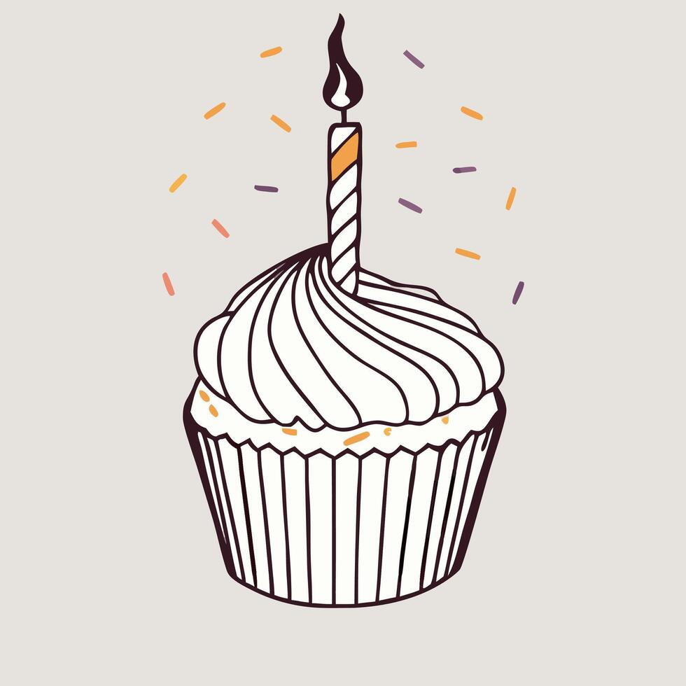 Birthday Cupcake with Candle and Sprinkles Cute Illustration vector