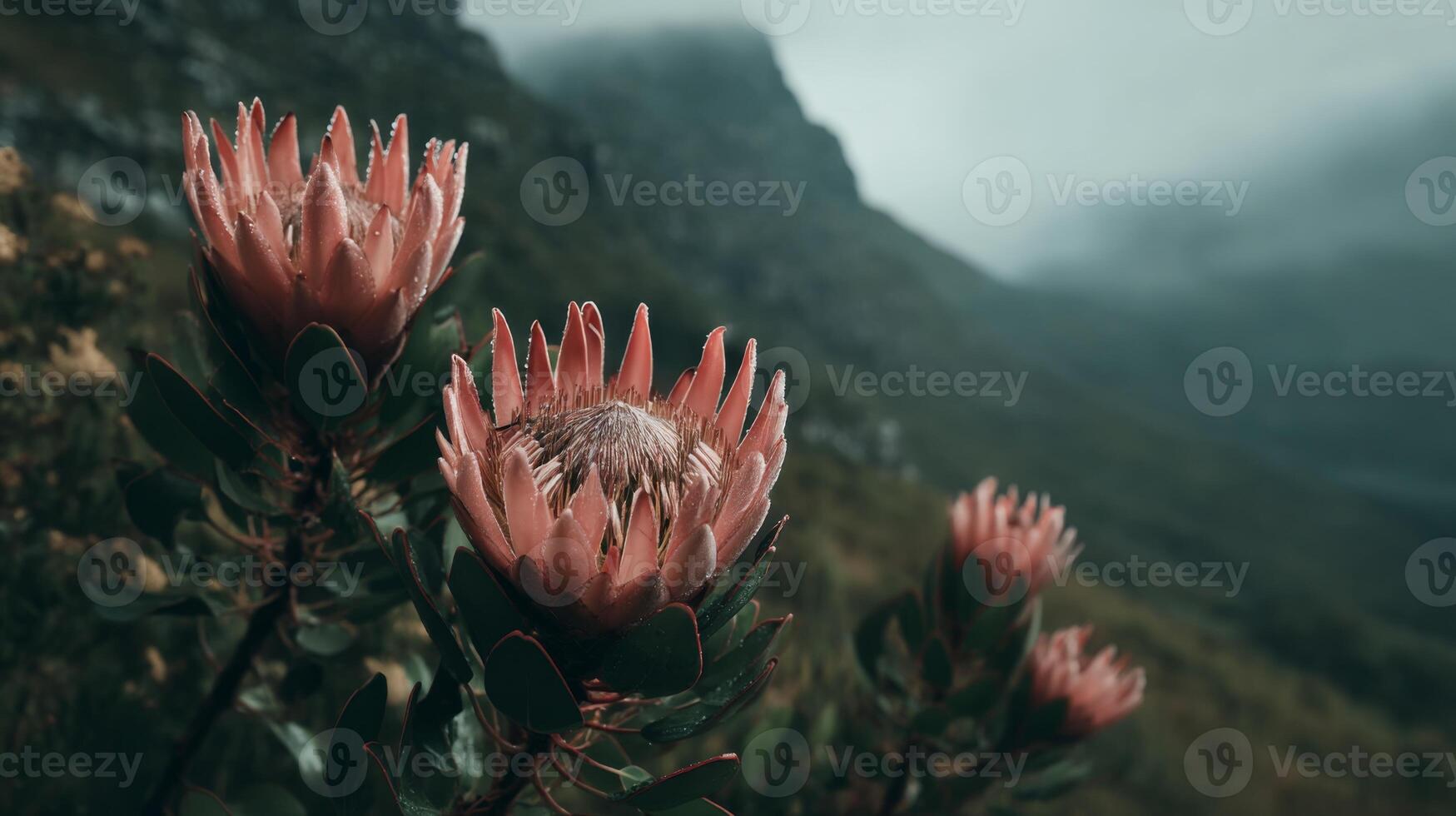 Close-Up of Beautiful Pink Flowers in Misty Mountain Landscape with Soft Light and Moody Atmosphere photo