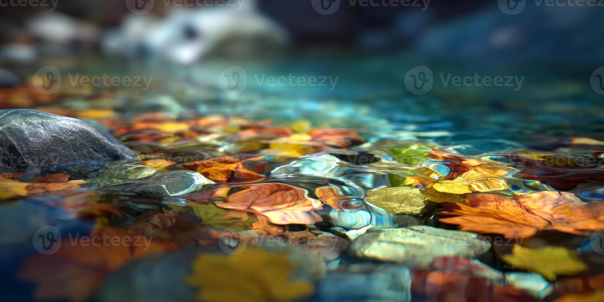 Vibrant Autumn Leaves Floating on Crystal Clear Water Surface in a Serene Natural Environment photo