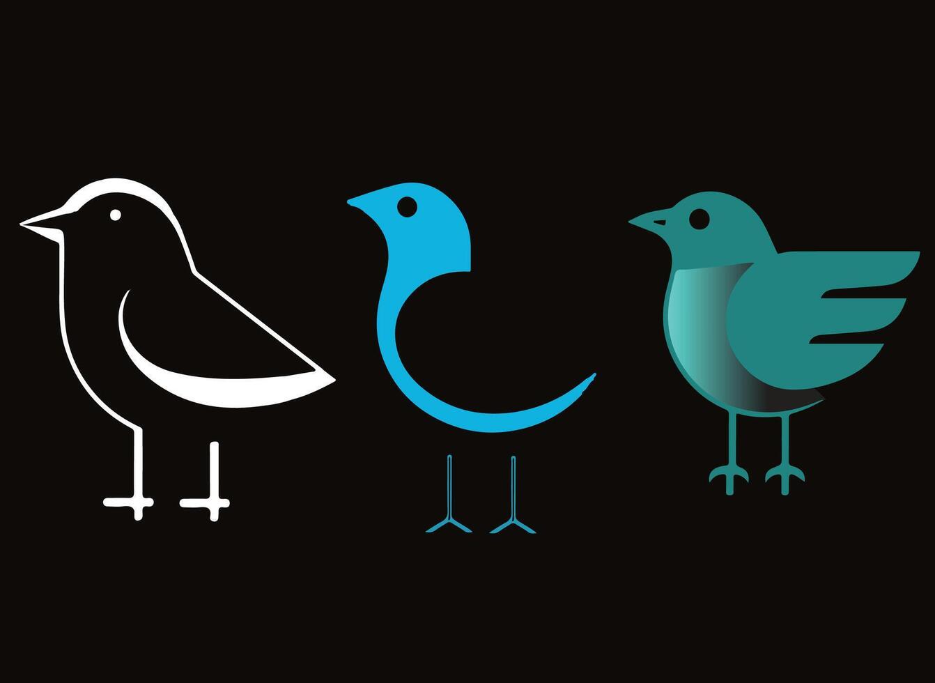 Three Stylized Birds in White Blue and Teal on a Black Background Representing Different Design Styles and Concepts vector