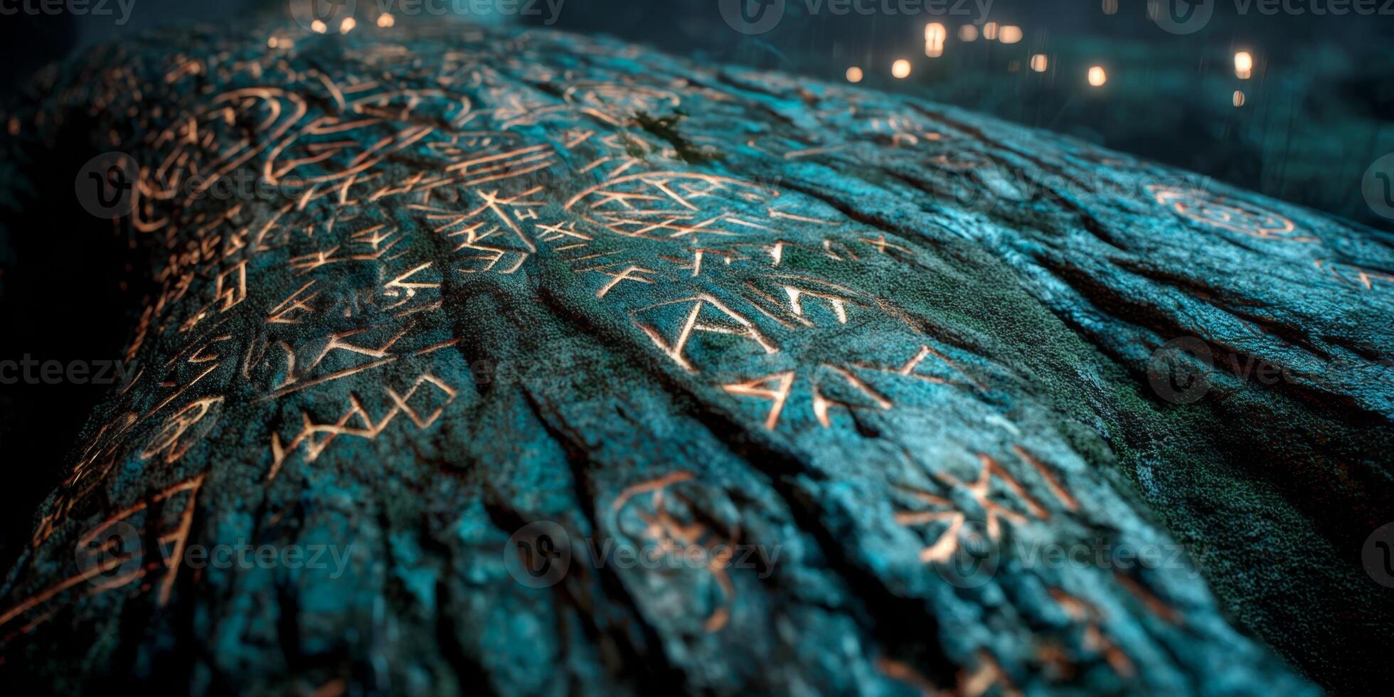 Ancient Runes Carved on Weathered Log in Mysterious Forest Setting with Soft Glow of Lights in Background photo