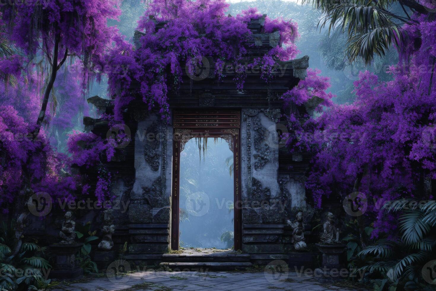 Enchanting Ancient Gateway Surrounded by Lush Purple Flowers in Mystical Forest Setting with Soft Fog and Greenery photo