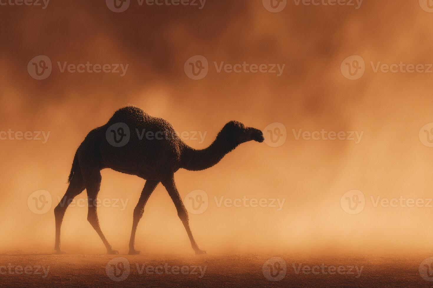 Silhouette of a Camel Walking in a Dust Storm at Sunset with Dramatic Orange and Brown Tones in a Desert Landscape photo