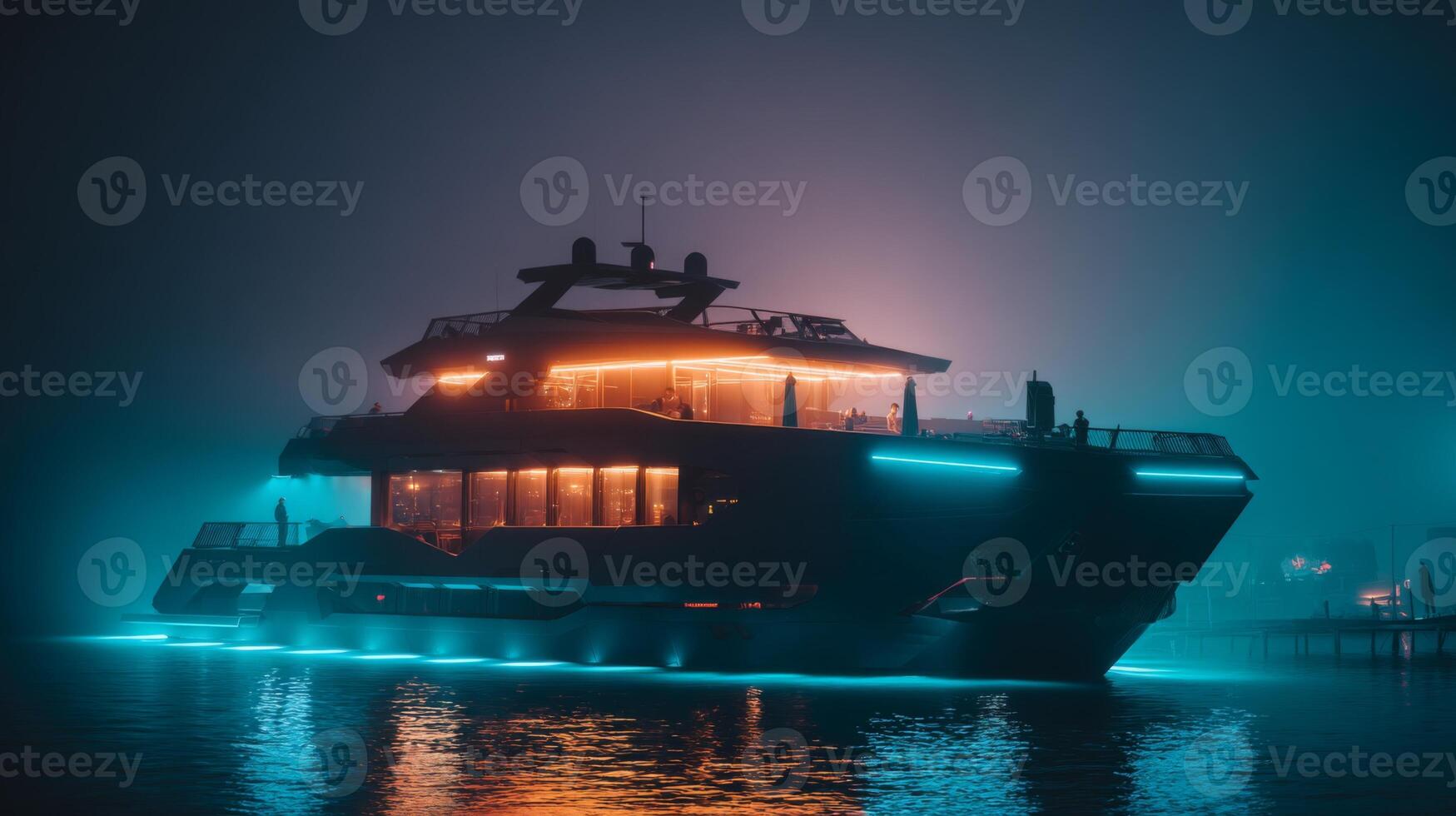 Modern luxury yacht illuminated with vibrant lights floating on calm water in foggy night scene creating an atmospheric ambiance photo