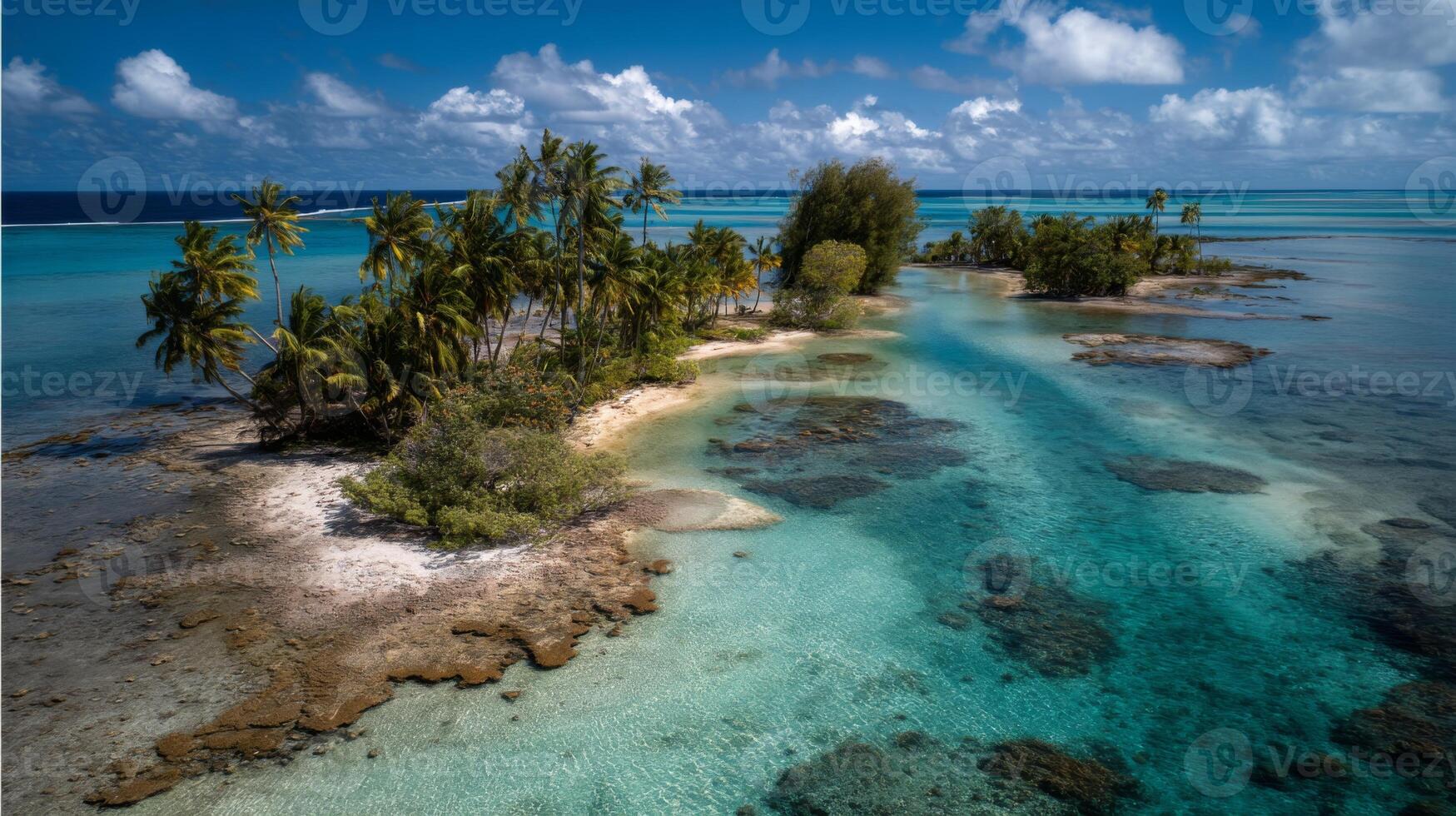 Serene Tropical Island with Lush Green Palm Trees and Crystal Clear Turquoise Water Under Bright Blue Sky and White Clouds photo