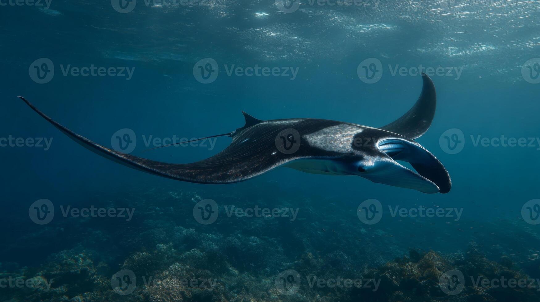 Majestic Manta Ray Gliding Gracefully Through Vibrant Coral Reef in Crystal Clear Ocean Water photo