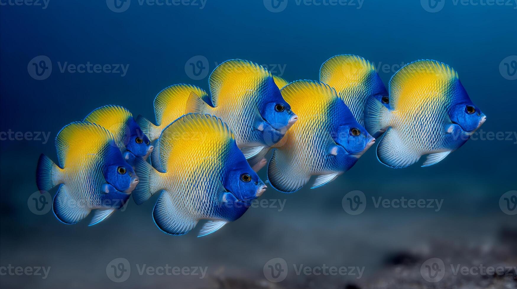 Vibrant Blue and Yellow Fish Swimming Together in Clear Ocean Water, Underwater Scene of Marine Life, Tropical Beauty photo