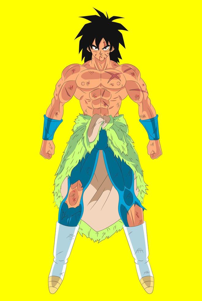 Illustration of Broly combat damage, a full body Saiyan warrior, editable color vector