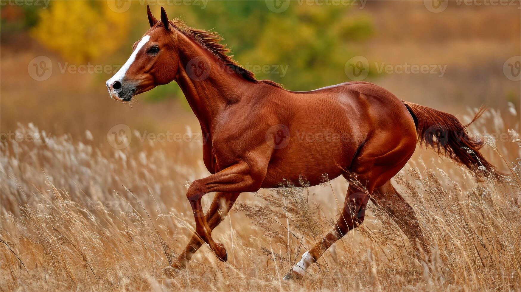 Majestic Chestnut Horse Galloping Freely Through Golden Grass Field Under Clear Blue Sky in Vibrant Autumn Landscape photo