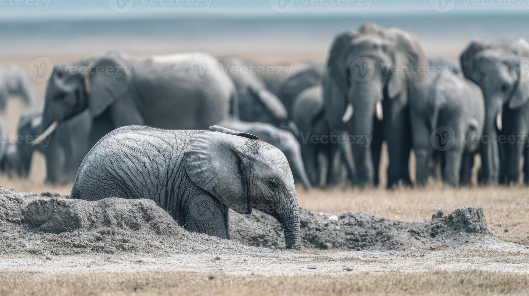 Baby elephant playing in mud with herd of elephants in the background on a serene day in the grasslands of Africa photo