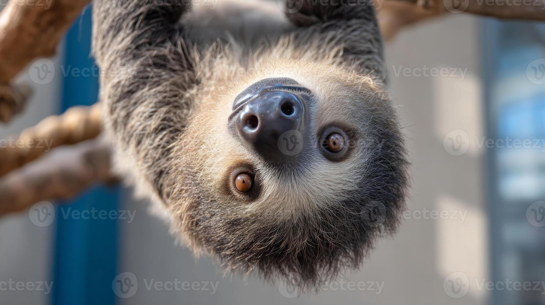 Curious sloth hanging upside down from a branch in a serene environment with captivating eyes and soft fur texture photo