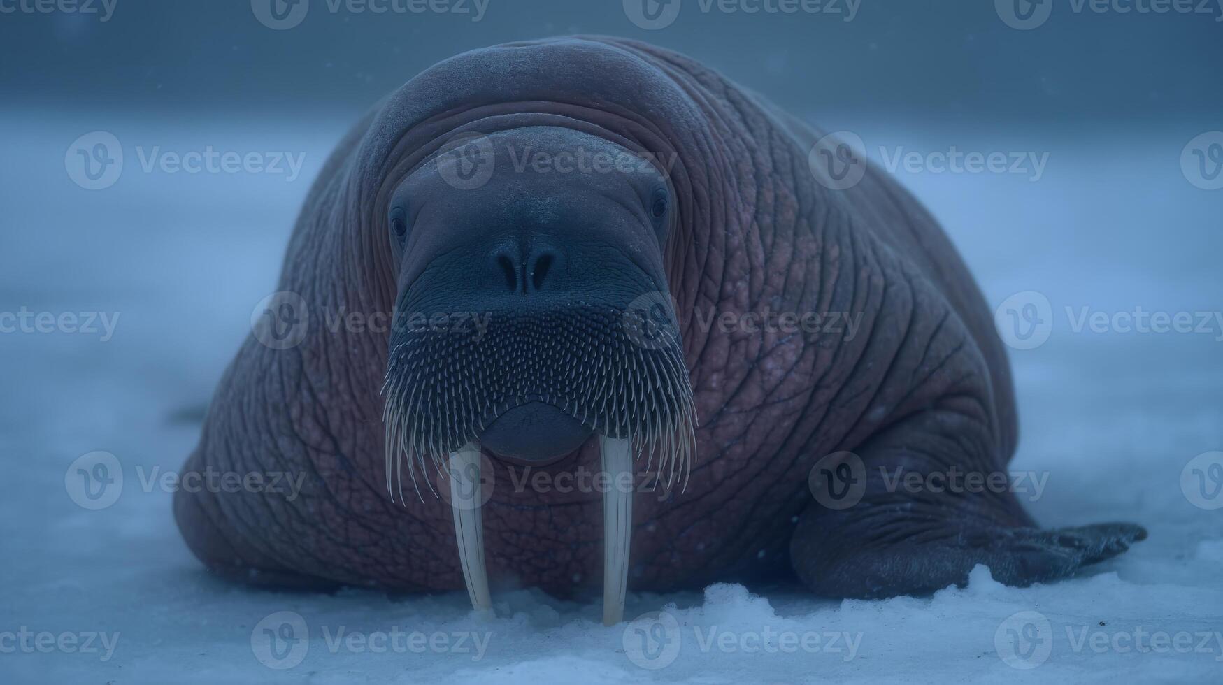 Majestic walrus resting on icy surface in a serene winter landscape showcasing extraordinary tusks and unique features photo
