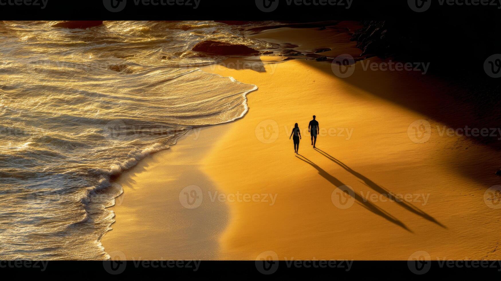 Serene Sunset Walk on a Tranquil Beach with Gentle Waves and Long Shadows Cast on Golden Sand photo