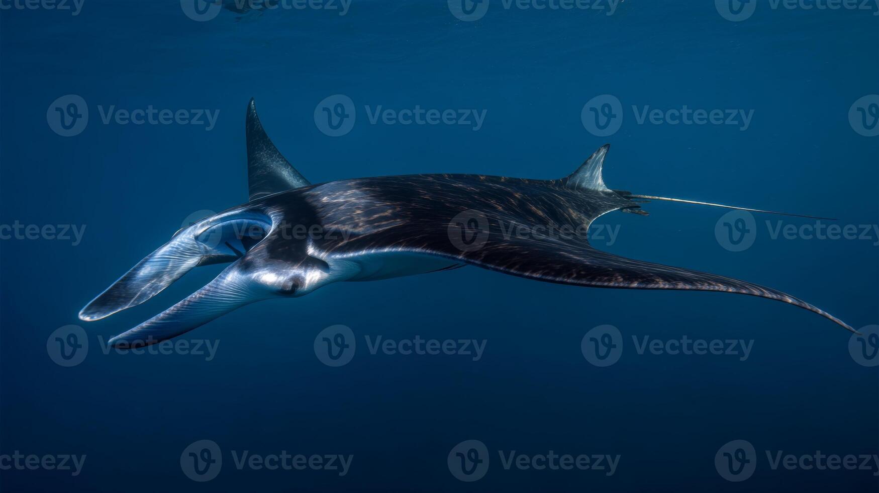 Graceful manta ray gliding through clear blue ocean waters with sunlight filtering through the surface above photo