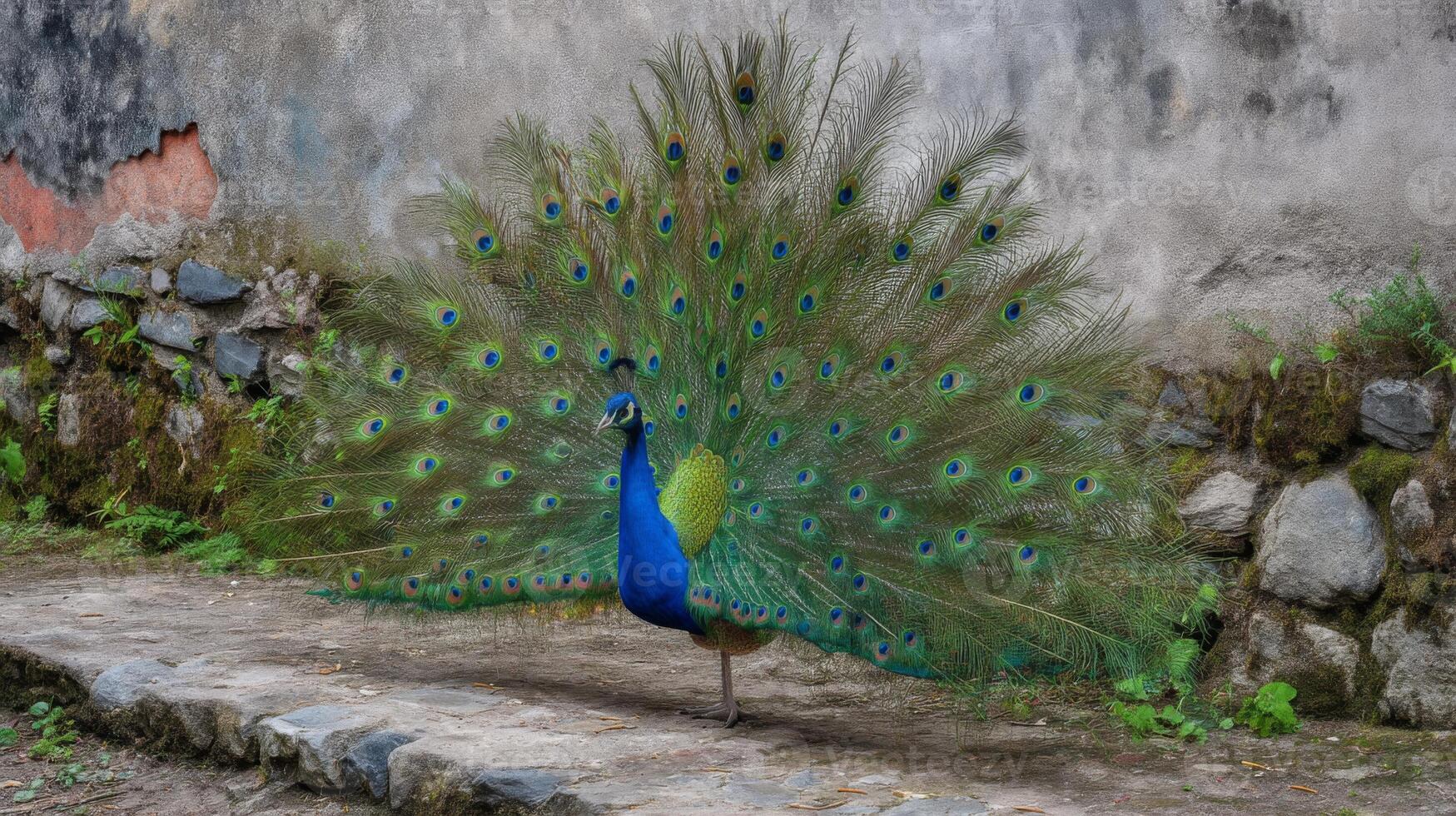 Vibrant peacock displaying colorful feathers in natural setting with blurred background and stone pathway photo