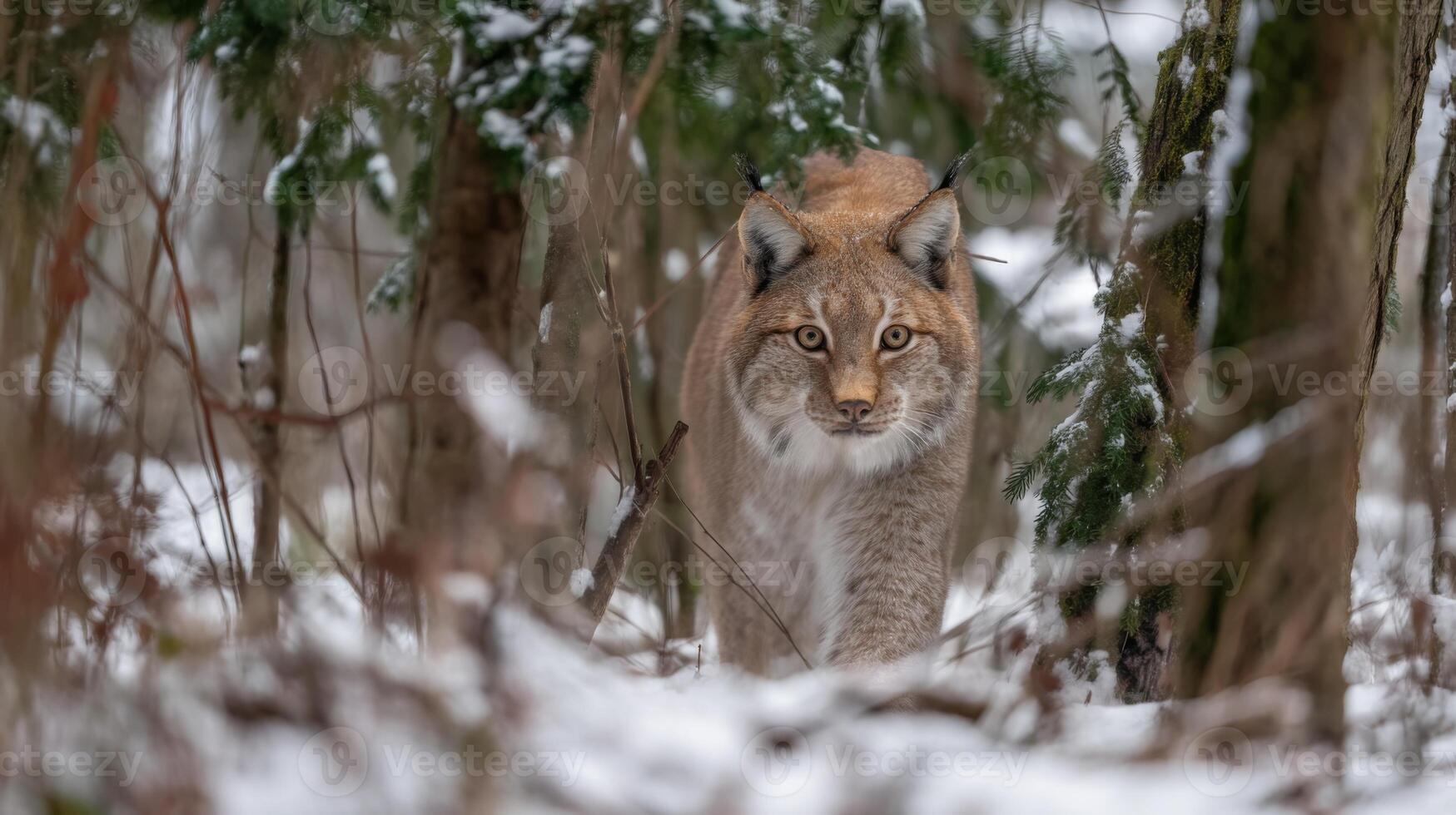 Majestic Eurasian Lynx Stealthily Walking Through Snowy Forest Surrounded by Trees and Natural Habitat photo