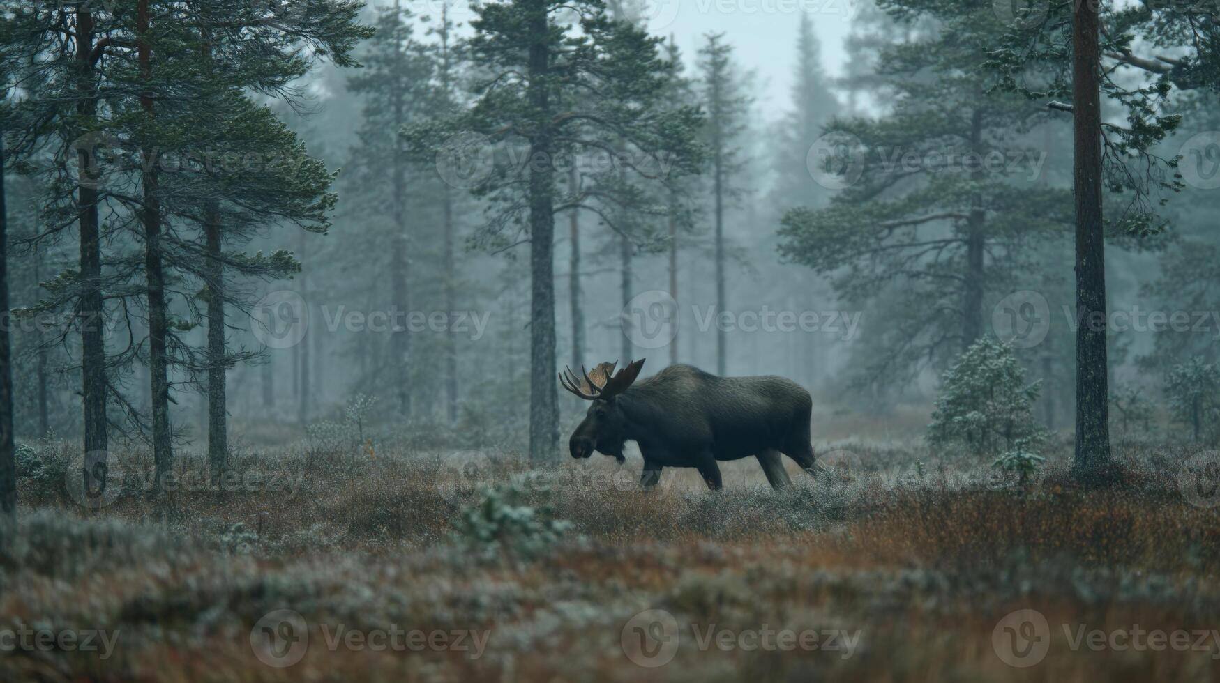 Majestic moose walking through misty forest with tall trees and serene atmosphere in early morning light photo