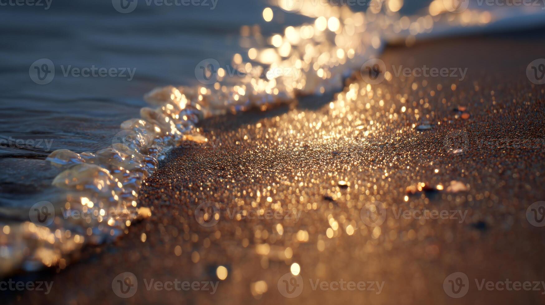 Gentle Ocean Waves Lapping on Sandy Shore with Sunset Reflections Over Calm Sea in Warm Tones and Soft Lighting photo