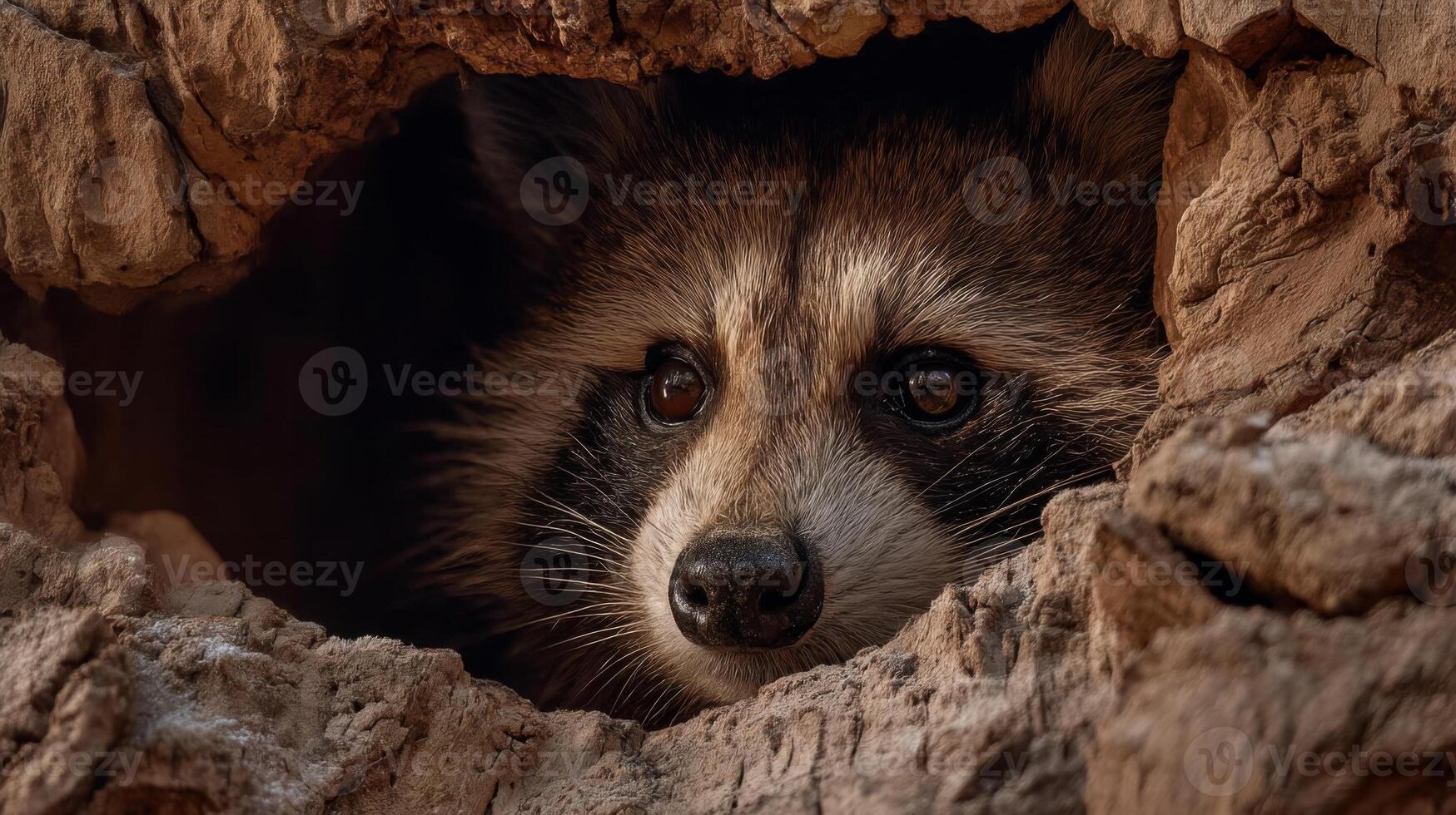 Close-Up of a Raccoon Peeking Out from a Hollowed Tree Trunk in Natural Habitat During Daylight photo