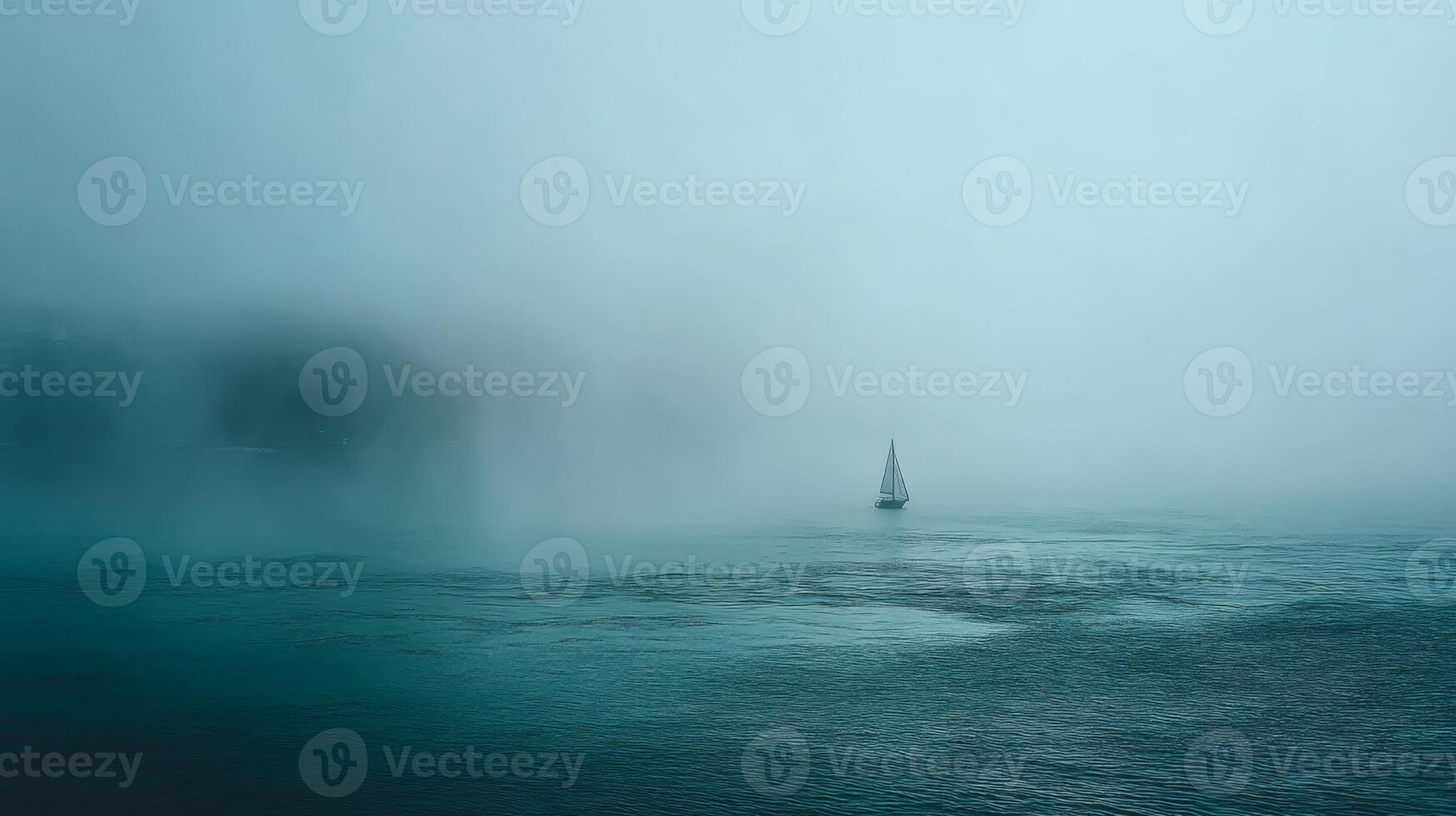 Tranquil solitary sailboat navigating through thick fog on calm water creating a serene and mysterious atmosphere photo
