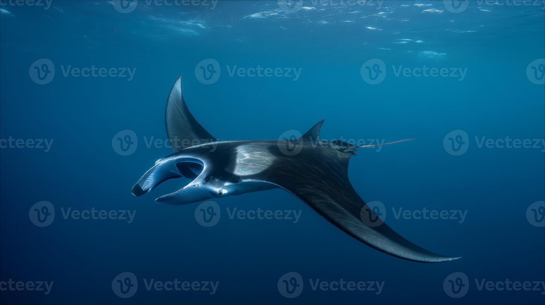 Graceful manta ray gliding through clear blue ocean waters, showcasing elegance and beauty of marine life in its natural habitat photo