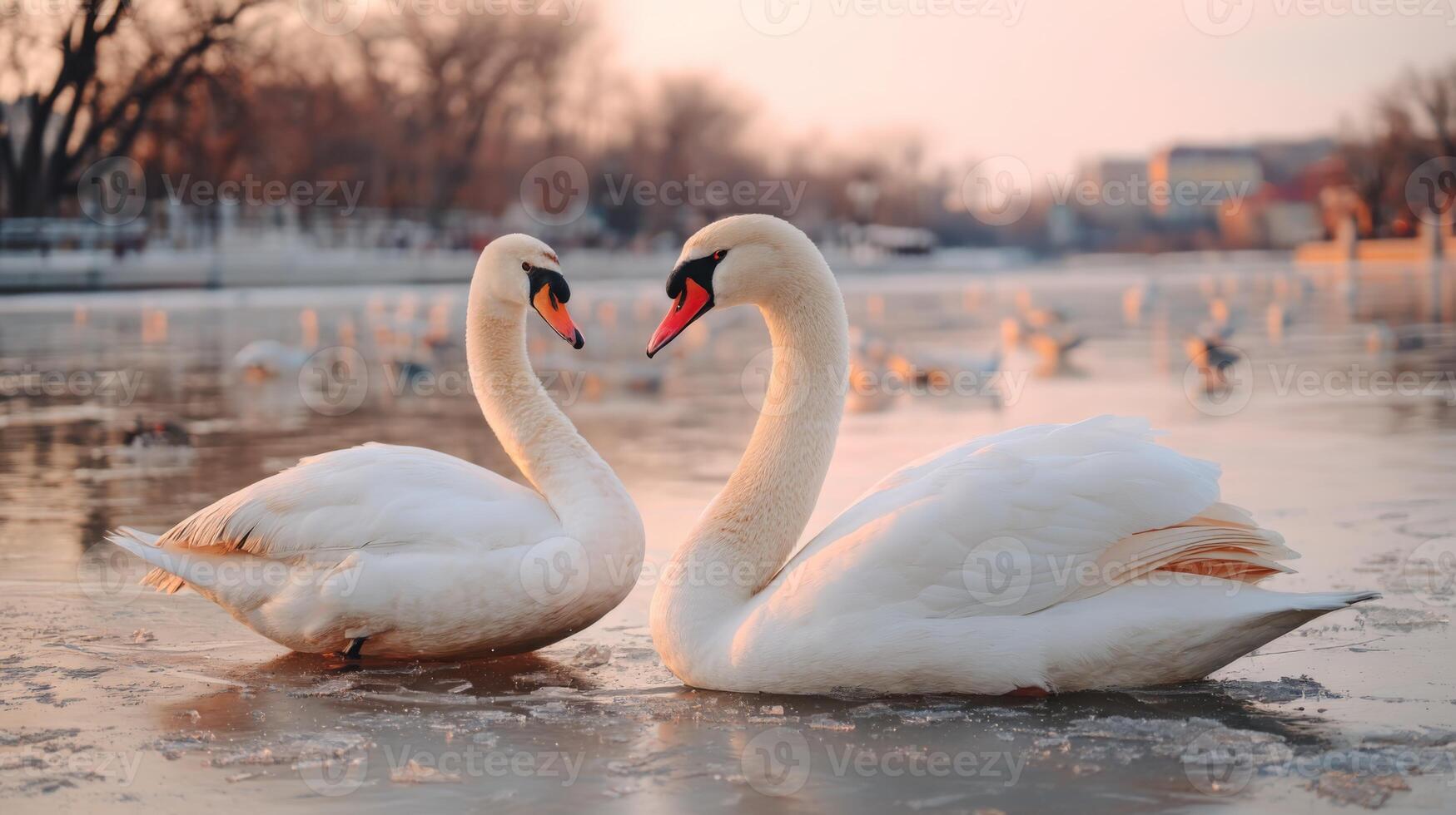 Elegant swans gracefully swimming in a serene sunset on a calm, frozen lake with soft reflections and peaceful surroundings photo