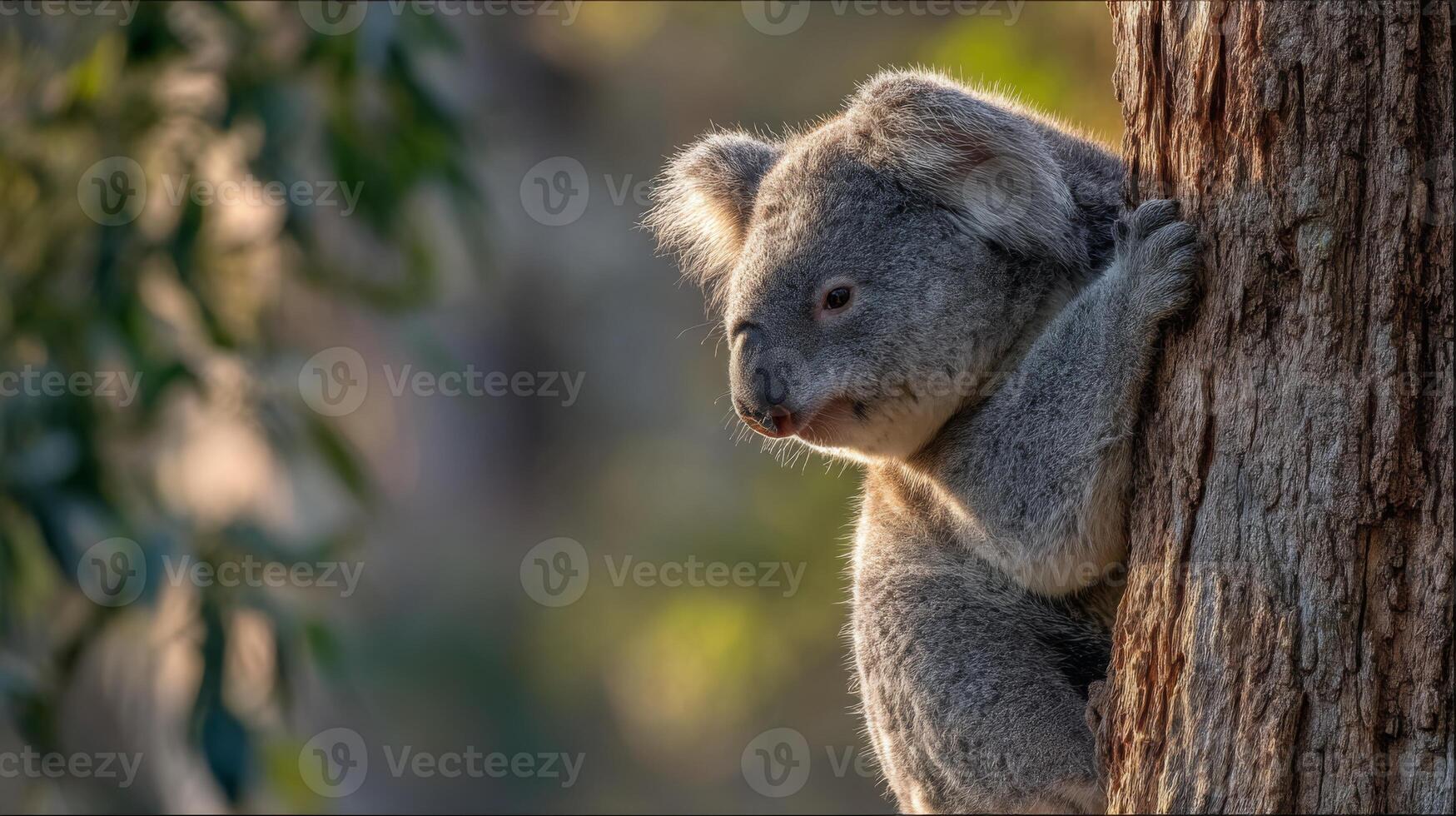 Adorable koala clinging to a tree trunk in a serene natural setting captured during the golden hour of sunlight photo