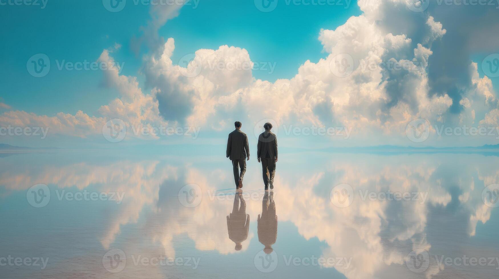 Two Individuals Walking Toward Horizon Reflecting Azure Sky and Fluffy Clouds on Serene Water Surface at Sunrise photo