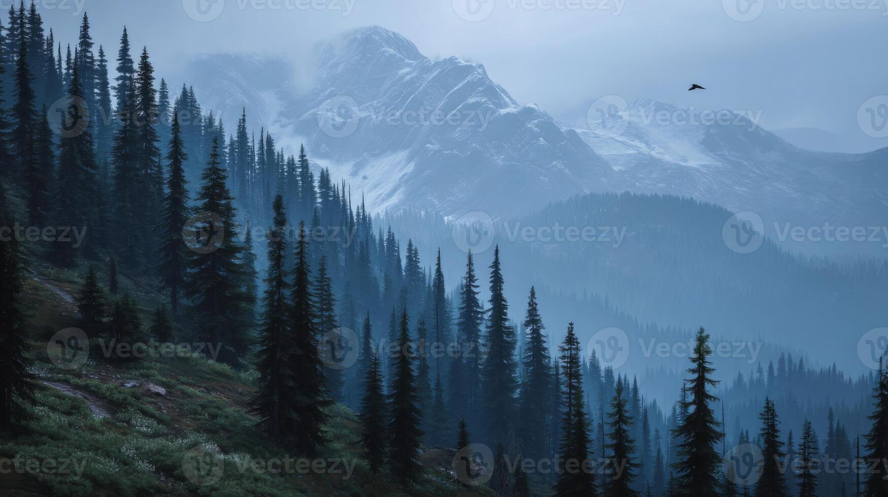 Misty Mountain Landscape with Pine Trees and Snow-Capped Peaks Under Cloudy Sky photo