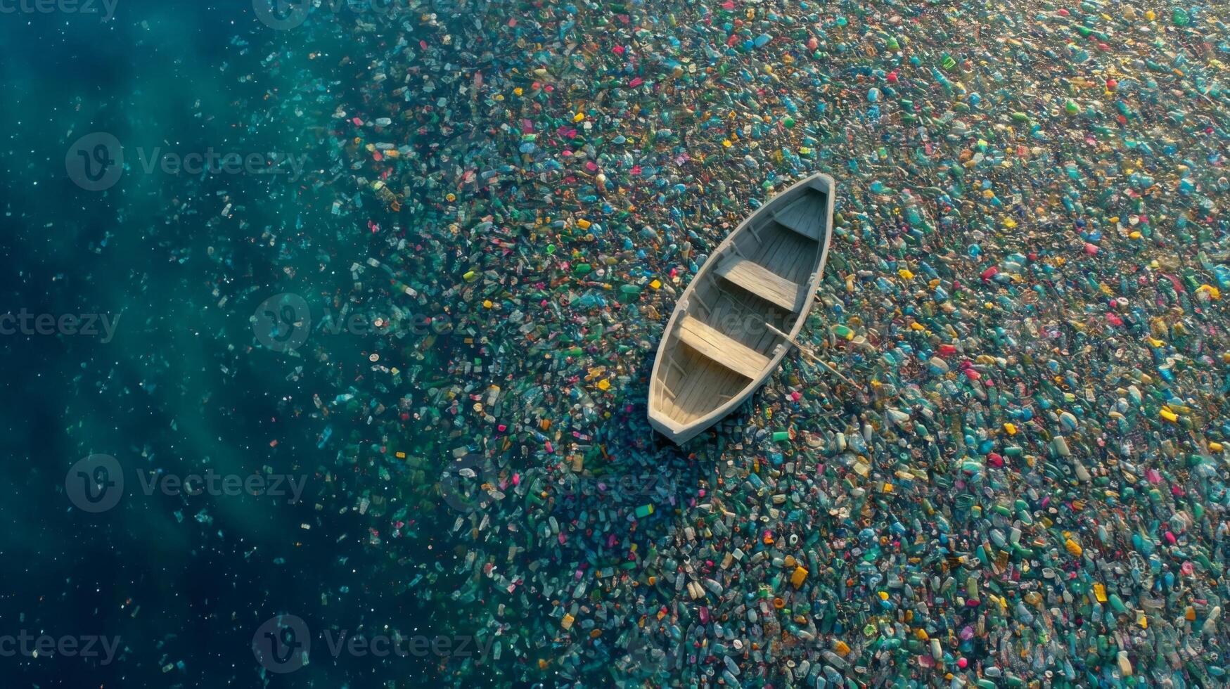 Boat Surrounded by Colorful Plastic Waste in a Polluted Ocean Environment Highlighting Global Environmental Challenges photo