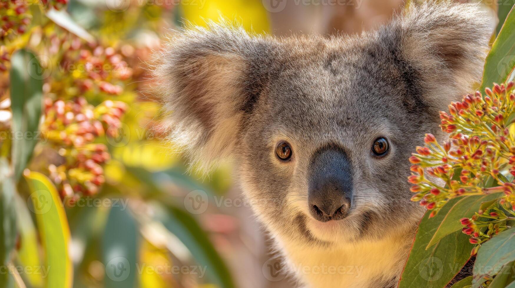 Cute Koala Peer Among Vibrant Eucalyptus Leaves and Flowers in Natural Habitat photo