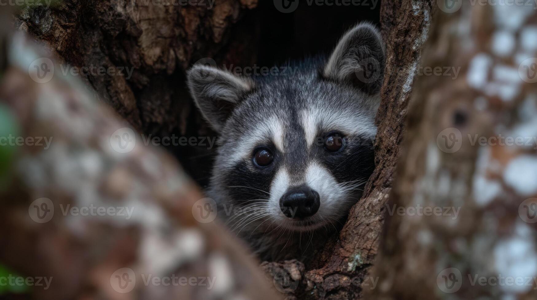 Curious raccoon peeking out from hollow tree trunk in a forest setting, surrounded by natural wildlife environment photo