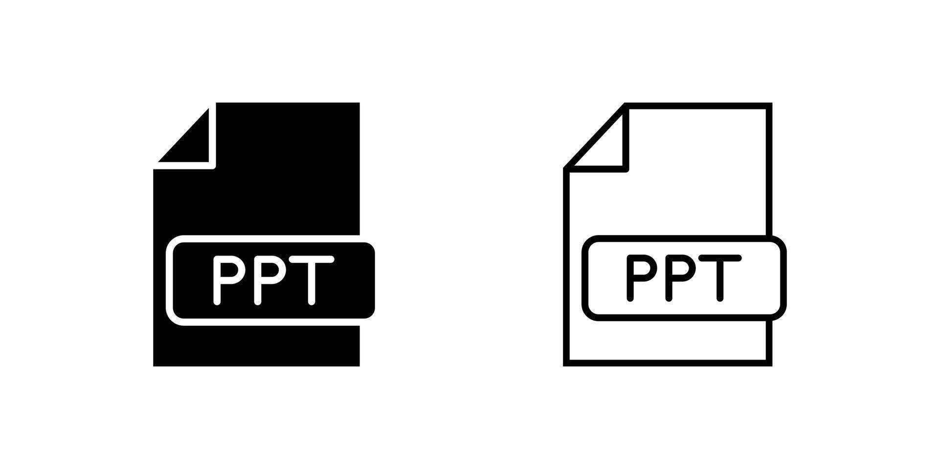 PPT File Icon Collection, a paper with a PPT label in outline and glyph styles. Represents presentations or documents. Perfect for office design. vector