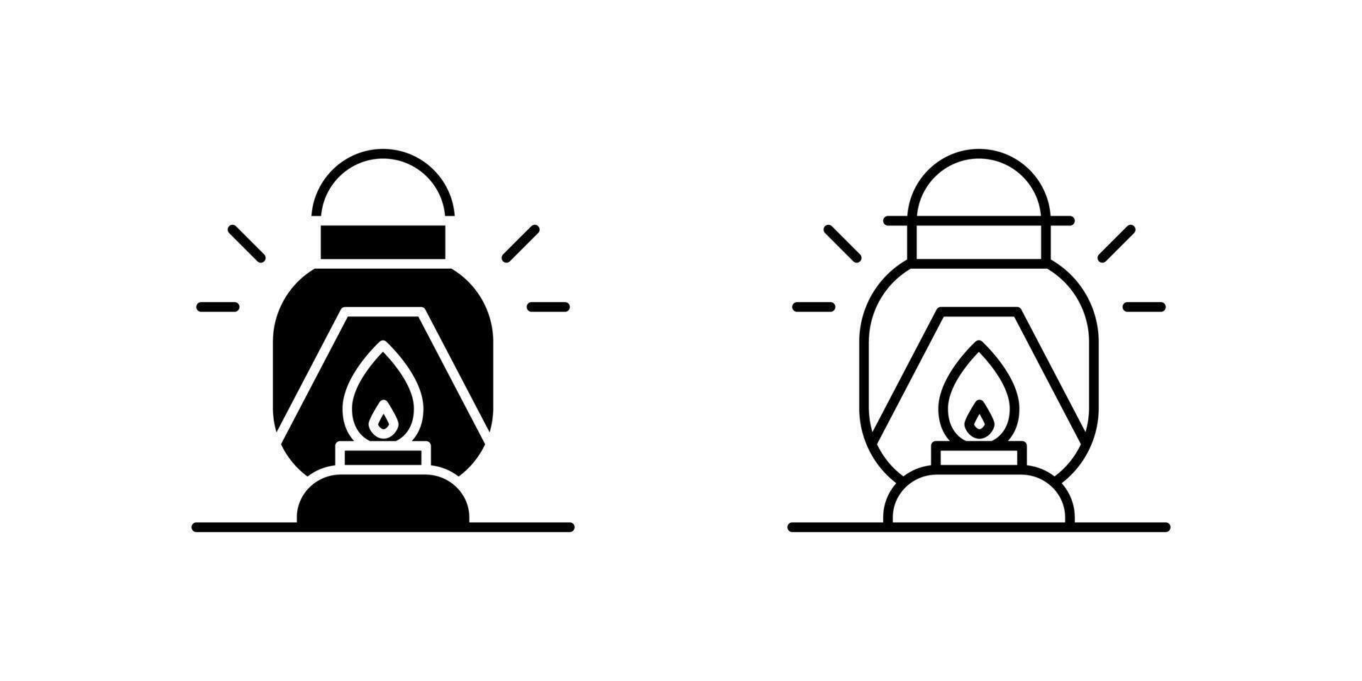 Outdoor Lantern Icon Collection, a lantern with a handle in outline and glyph styles. Represents camping or illumination. Perfect for outdoor design. vector