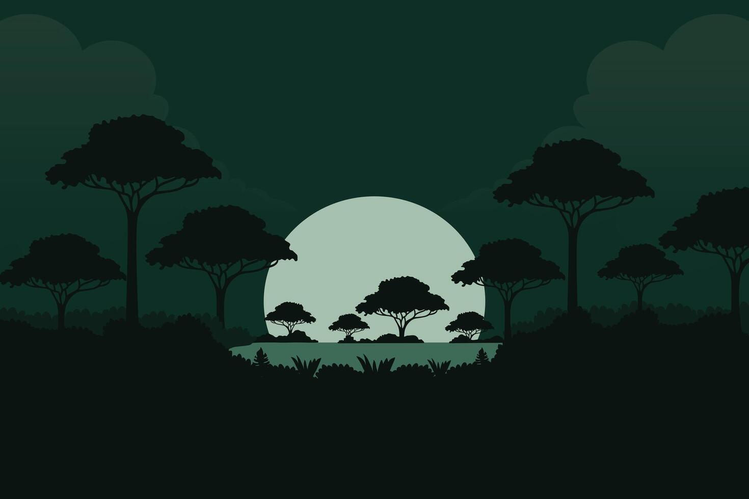 minimalistic tropical night landscape with tree silhouettes and moon view in green tones illustration. vector