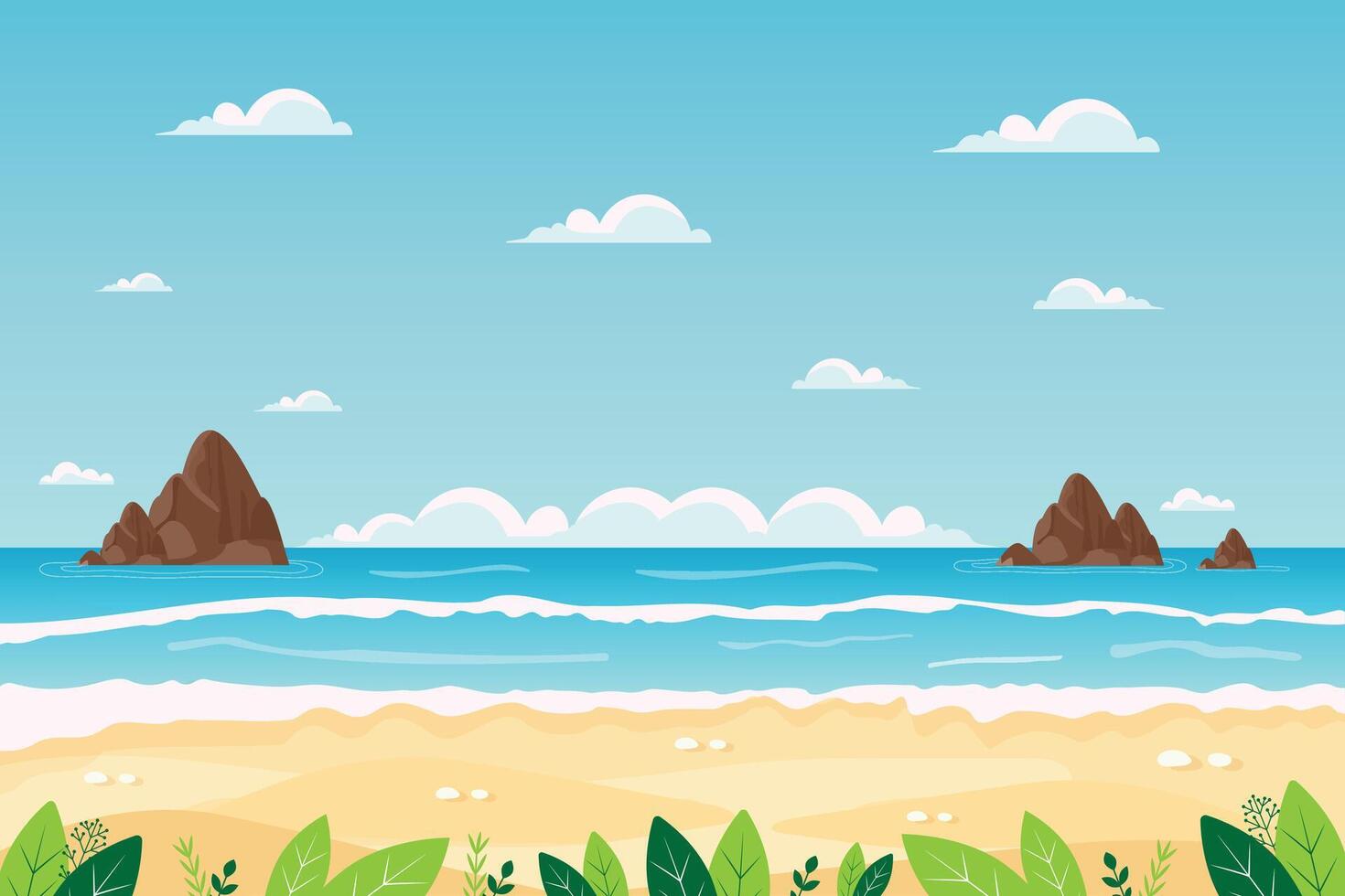 summer tropical beach landscape with ocean and clouds illustration. vector