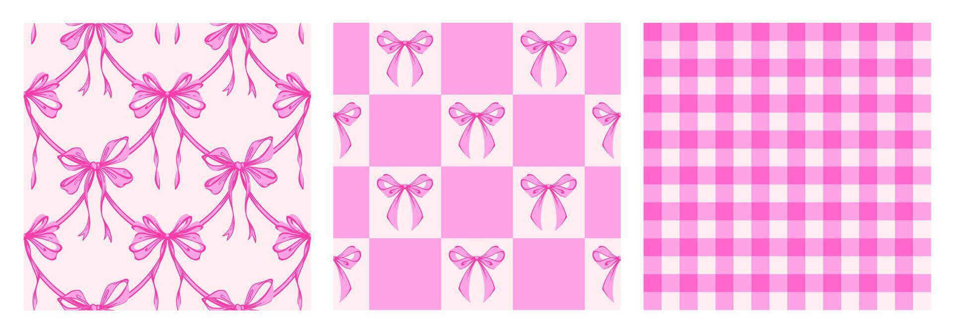 Ribbon Bow Coquette Seamless Pattern Set. Pink Hand-Drawn Feminine Checkered Pattern Backgrounds with garland of bows. Romantic Design. Perfect for a Lovely and Whimsical Valentines Day Backdrop vector