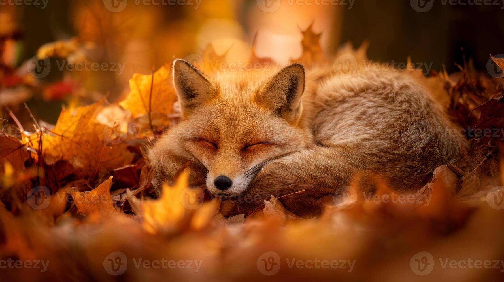 Cozy Red Fox Sleeping Peacefully Among Colorful Autumn Leaves in a Serene Forest Setting photo