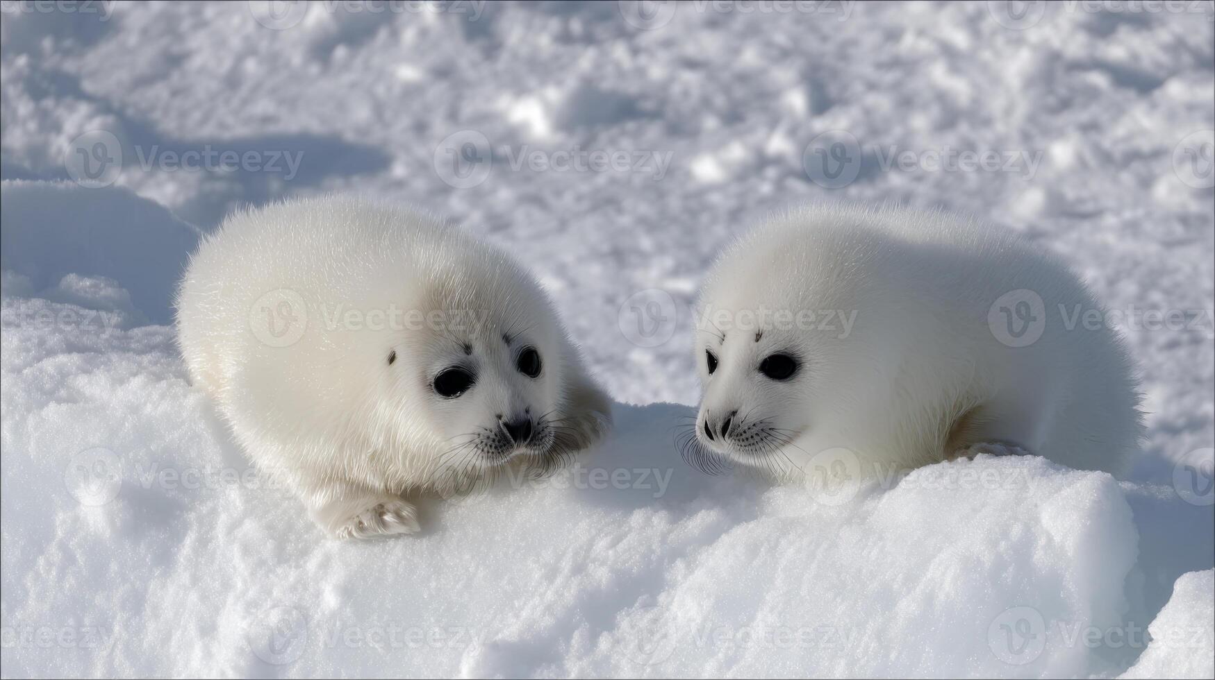 Adorable Baby Seals Playing on Snowy Ice Surface in Bright Winter Daylight Near Arctic Ocean Region photo
